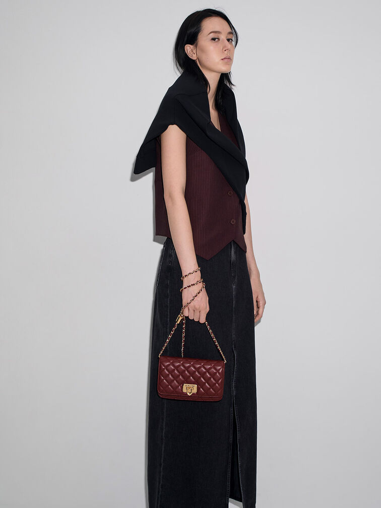 Cressida Quilted Push-Lock Clutch, Burgundy, hi-res