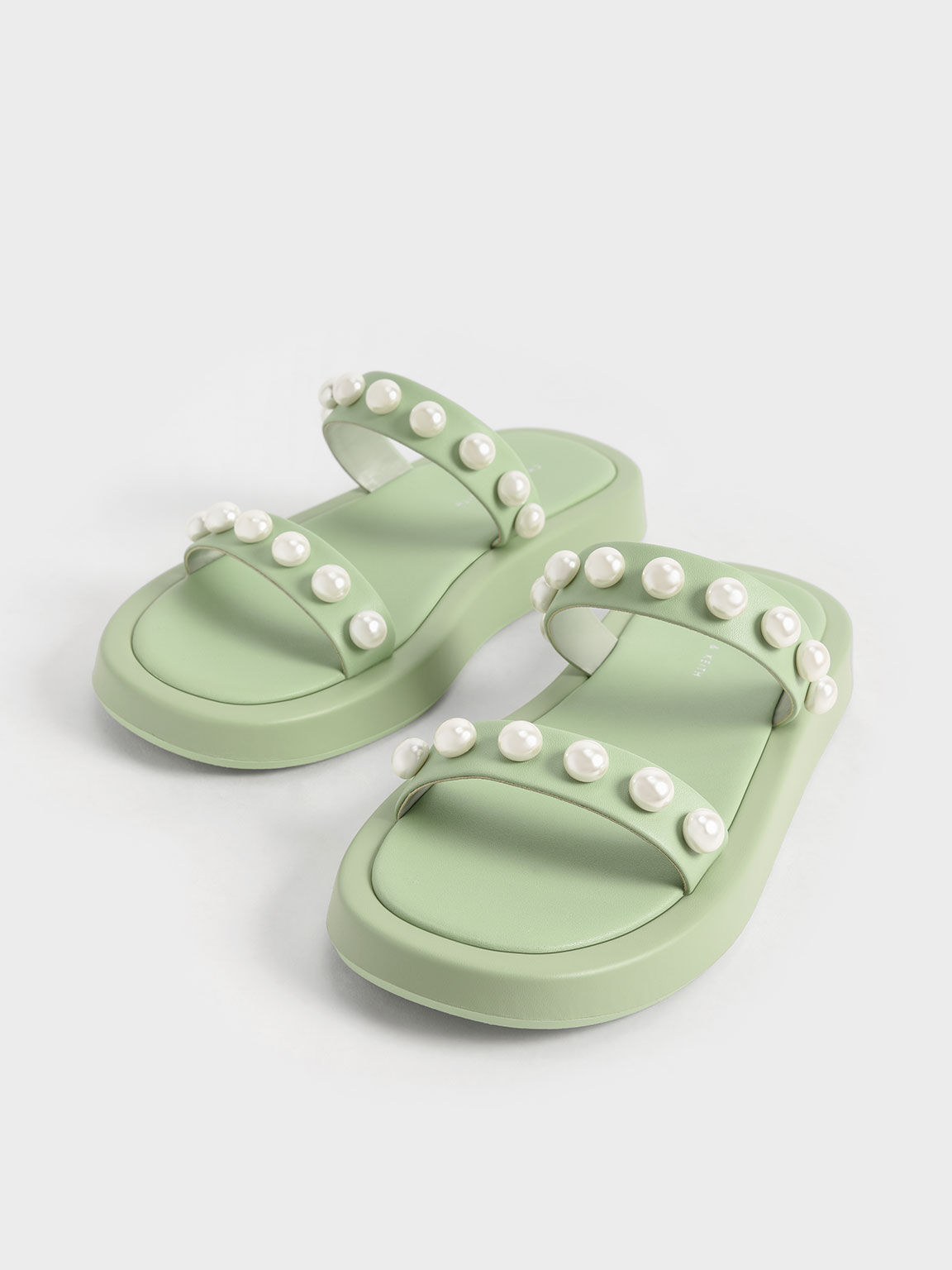 Pearl-Embellished Slide Sandals, Sage Green, hi-res