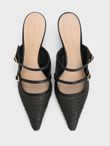 Raffia Sculptural-Heel Pointed Mules, Black Textured, hi-res