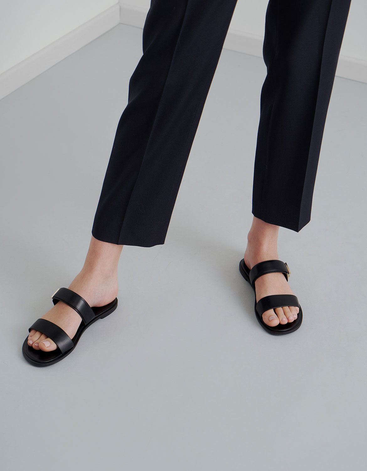 black two strap slide sandals