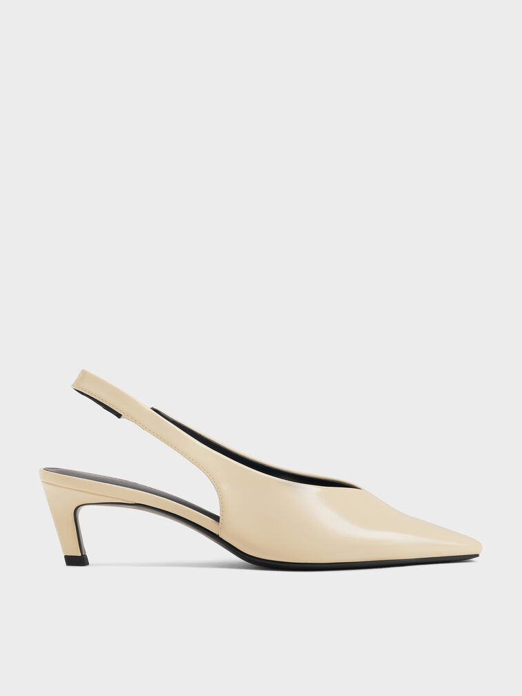 Tapered Square-Toe Slingback Kitten Heels, Beige, hi-res