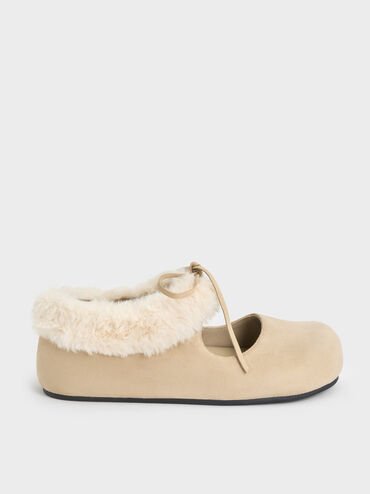 Emila Faux Suede Fur-Trim Mary Jane Flats, Chalk, hi-res