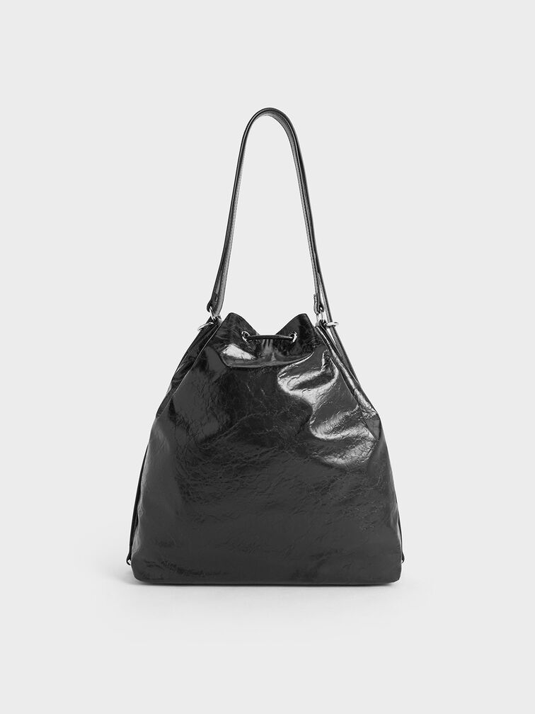 กระเป๋าทรงถังดีไซน์แบบรูดได้สองฝั่งรุ่น Neva, สีดำอะไหล่สีเงิน, hi-res