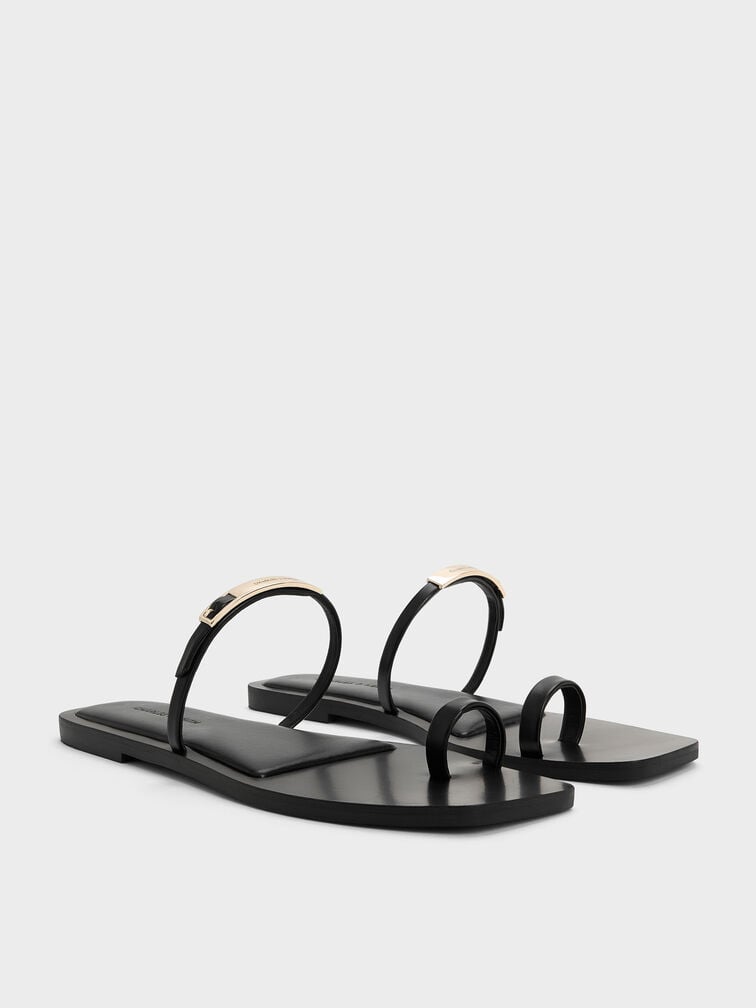 Metallic-Bar Toe-Ring Sandals, Black, hi-res