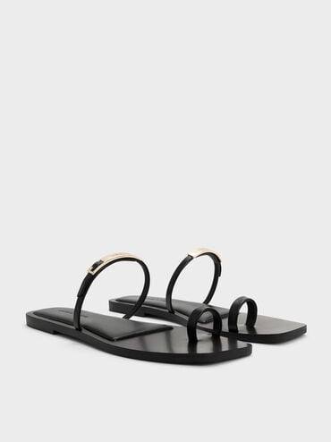 Metallic-Bar Toe-Ring Sandals, Black, hi-res
