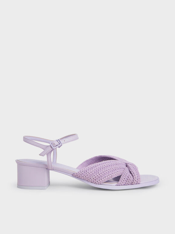 Knitted Block Heel Sandals, Lilac, hi-res