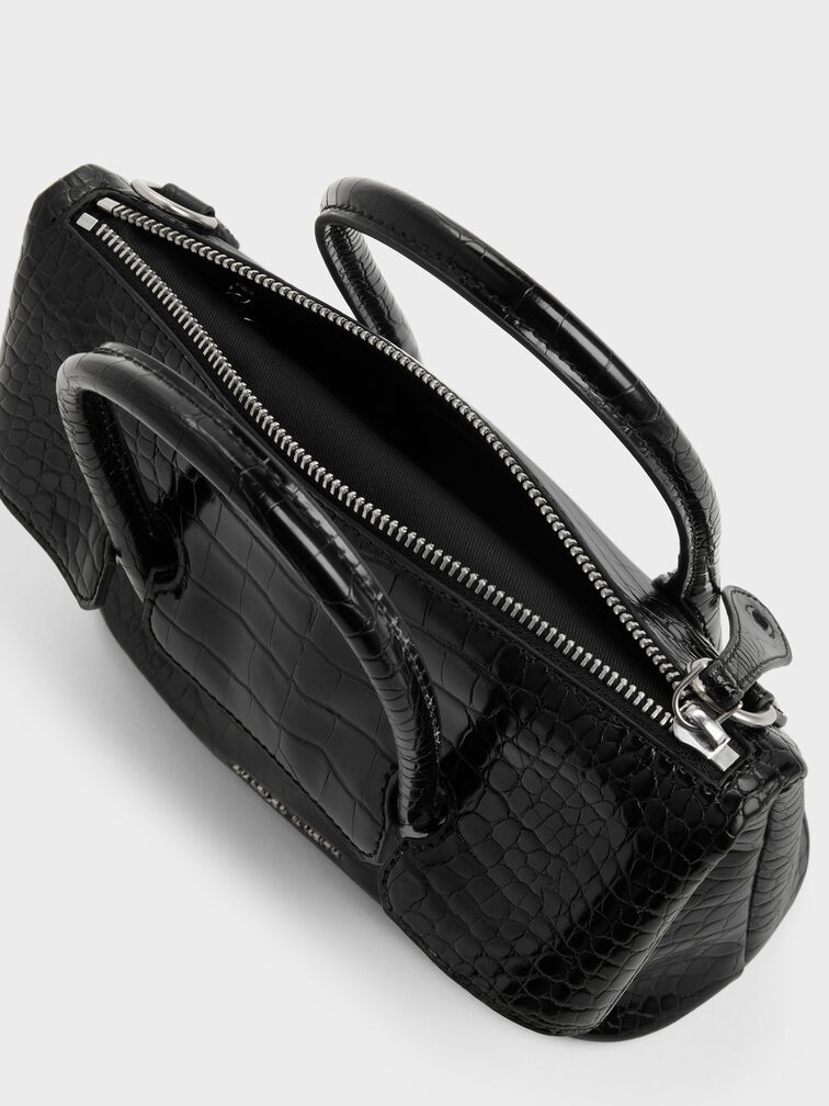 Aveline Croc-Effect Front-Flap Crossbody Bag, Black Croco, hi-res