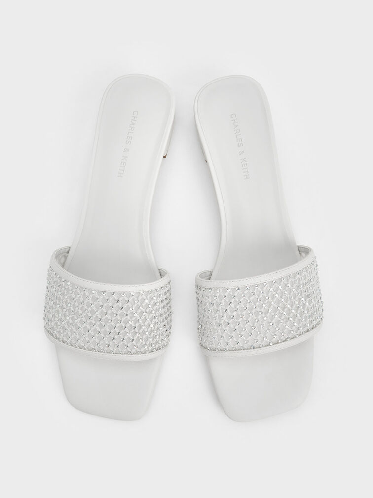 Satin Crystal-Embellished Heeled Mules, White, hi-res