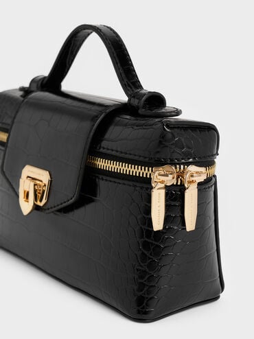 Arwen Croc-Effect Top Handle Vanity Bag, Black, hi-res