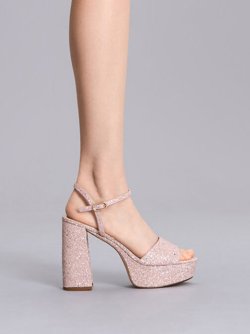 Glittered Ankle-Strap Platform Sandals, สีชมพู, hi-res