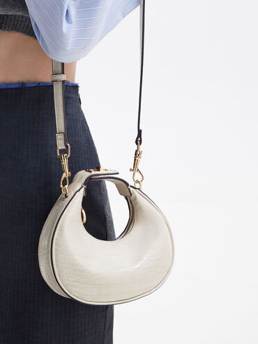 Mini Croc-Effect Moon Bag, สีไอวอรี่, hi-res