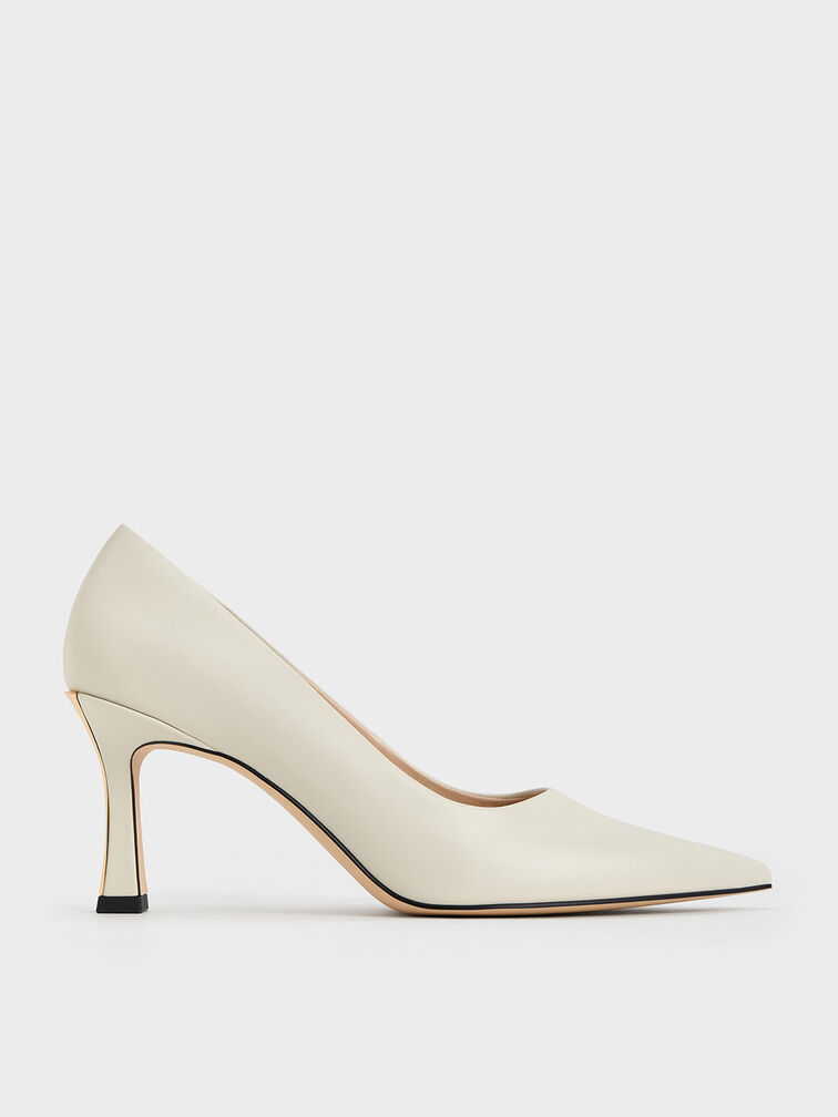 Flare Heel Pointed-Toe Pumps, สีชอล์ค, hi-res