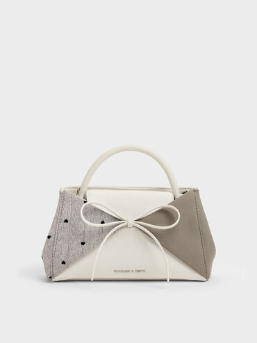 Hazel Heart-Print Bow Panelled Top Handle Bag, Taupe, hi-res