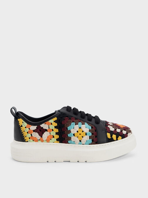 Floral Crochet & Leather Sneakers, สีมัลติ, hi-res