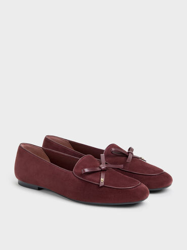 รองเท้าโลฟเฟอร์หนังกลับประดับโบว์, สีเบอร์กันดี, hi-res