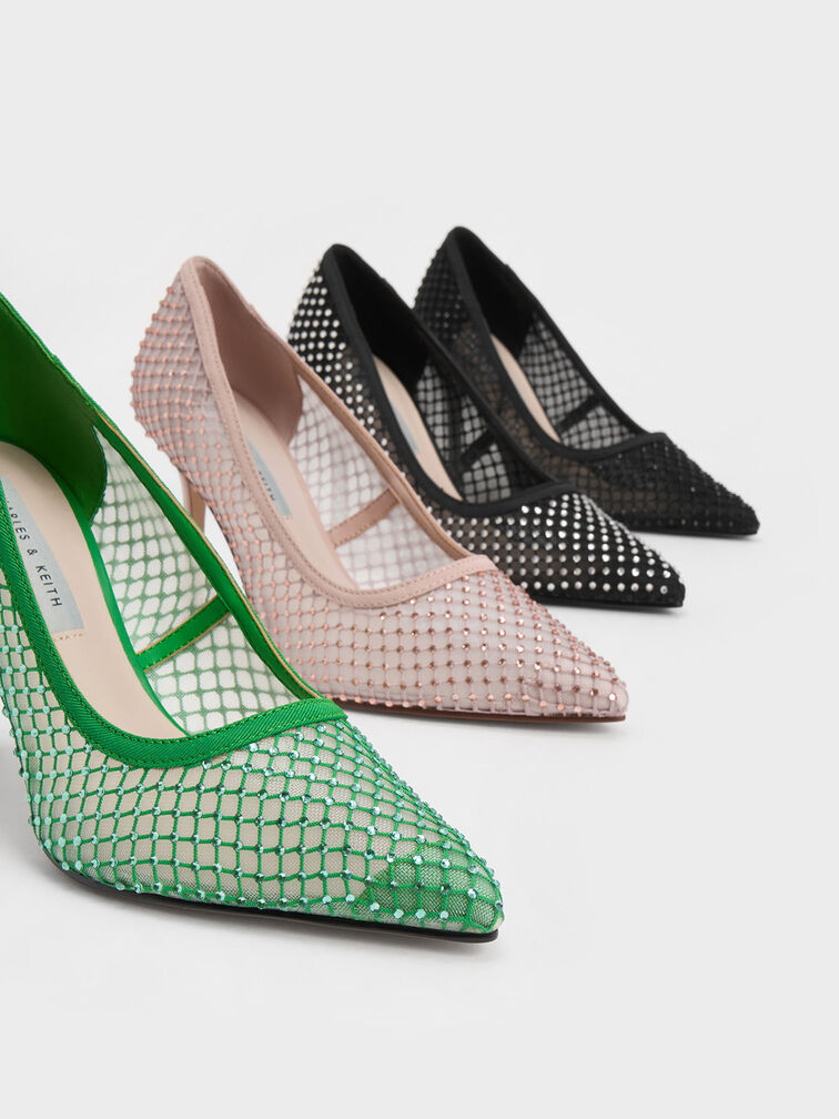 Gem-Encrusted Mesh Heeled Pumps, , hi-res