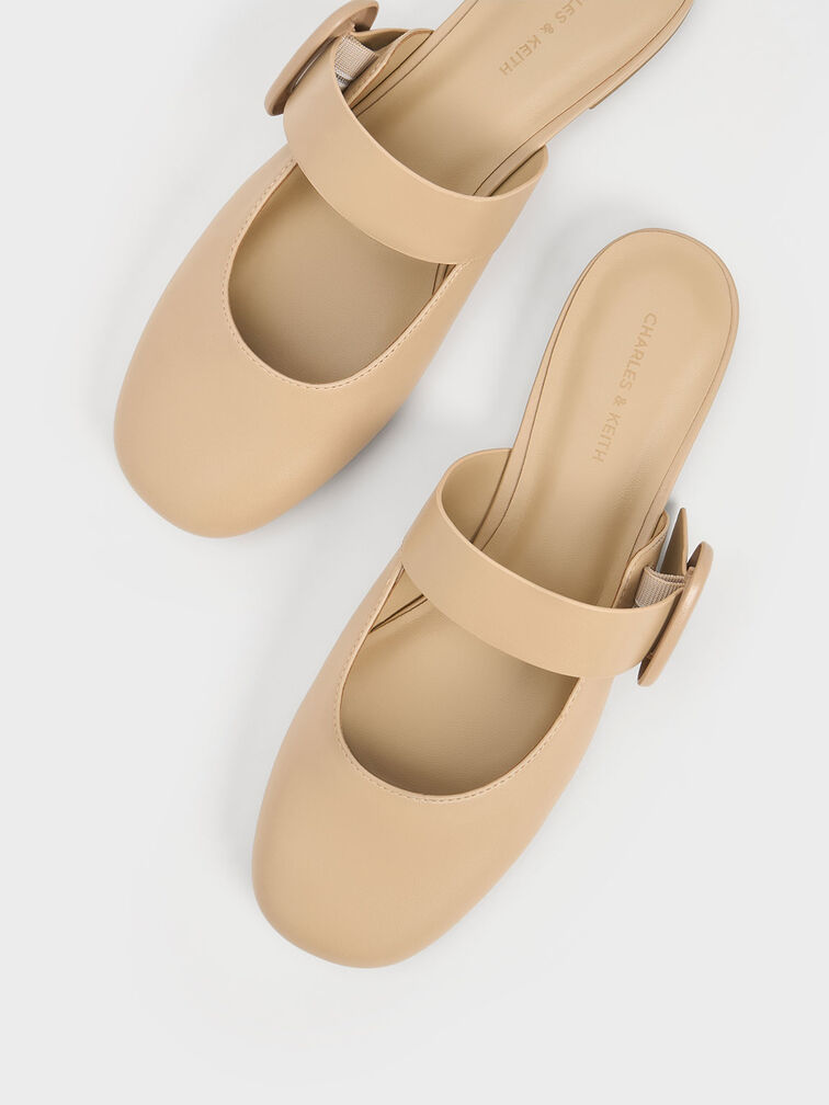 Oval-Buckle Flat Mules, สีเบจ, hi-res