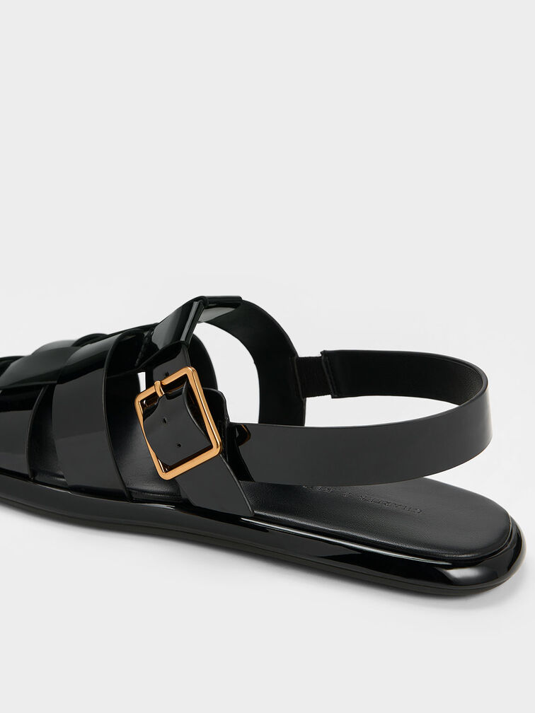 Metallic Buckle Caged Patent Slingback Sandals, , hi-res
