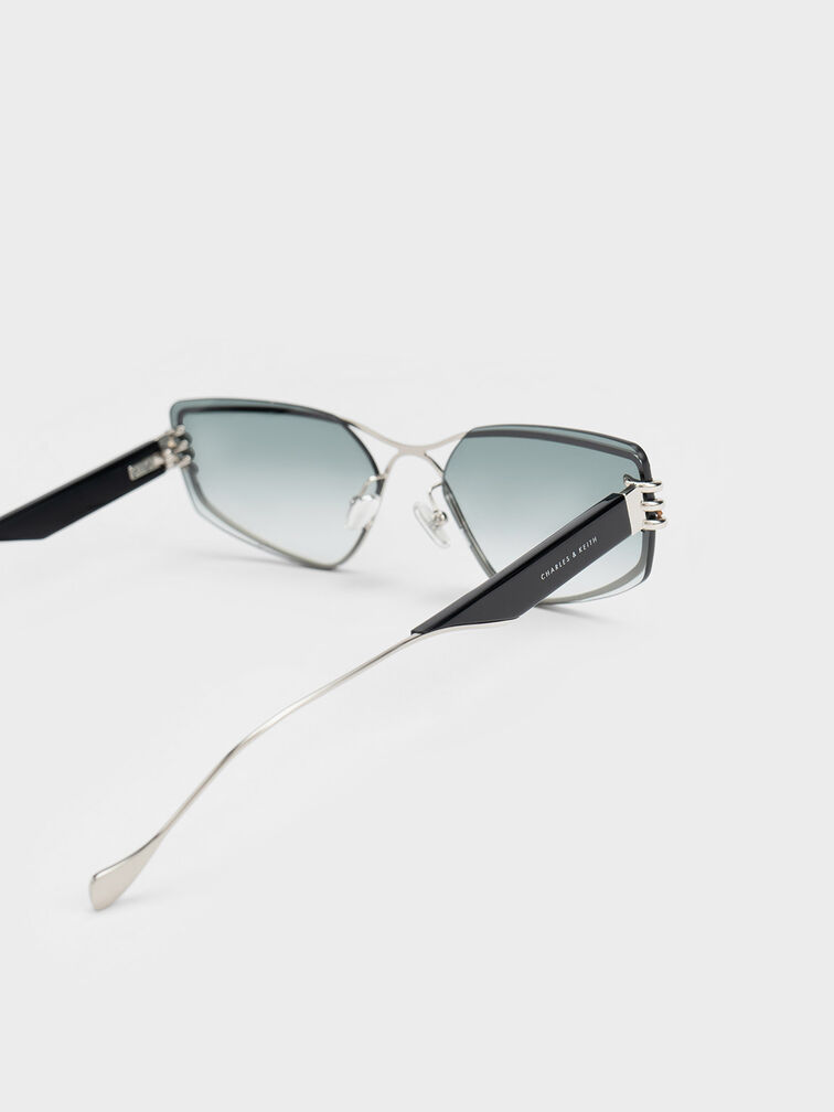 Metallic-Rimmed Geometric Sunglasses, สีดำ, hi-res