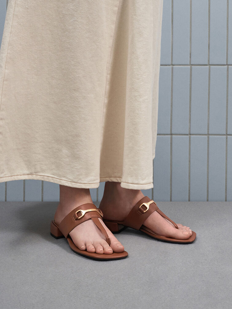 Leslie T-Bar Metallic Accent Thong Sandals, Cognac, hi-res
