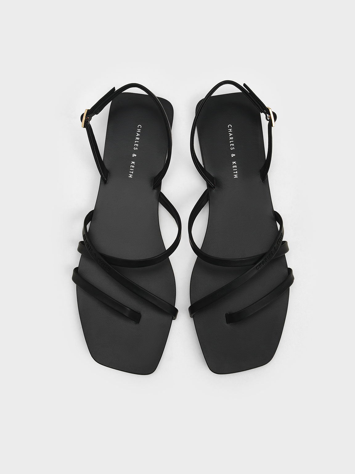Strappy Square-Toe Slingback Sandals, Black, hi-res