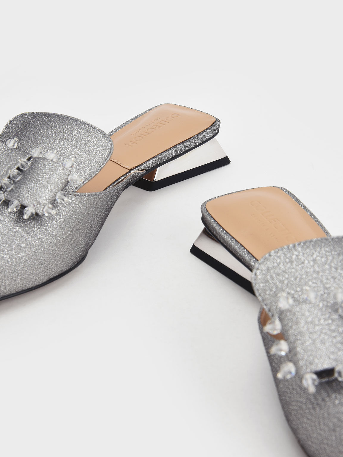 Bead-Embellished Metallic Loafer Mules, Pewter, hi-res