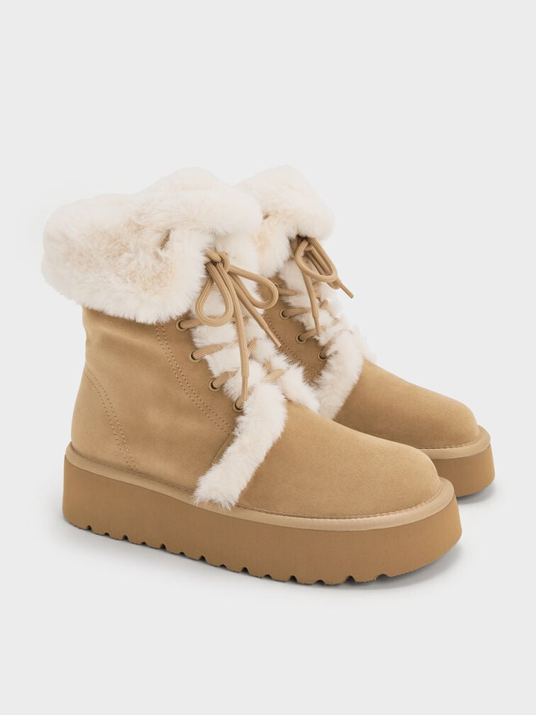 รองเท้าบูทแฟลตฟอร์มวัสดุหนังกลับสังเคราะห์ดีไซน์แบบพับขอบตกแต่งขนเฟอร์เทียม, สีแซนด์ รองเท้าบูทแฟลตฟอร์มวัสดุหนังกลับสังเคราะห์ดีไซน์แบบพับขอบตกแต่งขนเฟอร์เทียม, สีแซนด์, hi-res