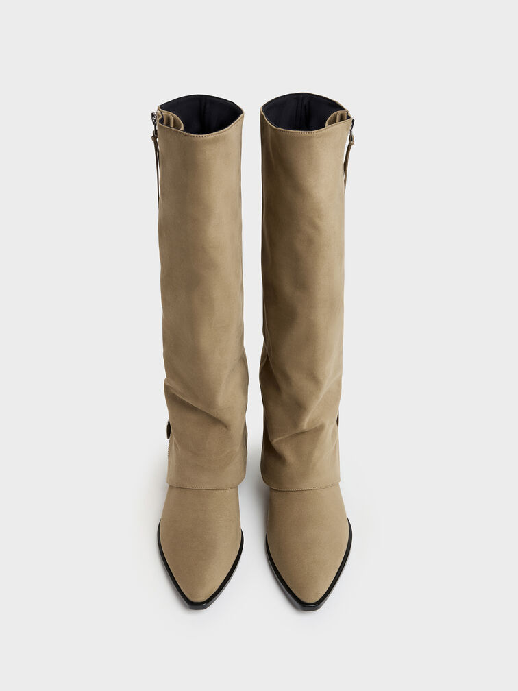 Aether Faux Suede Tassel-Zip Knee-High Boots, Khaki, hi-res