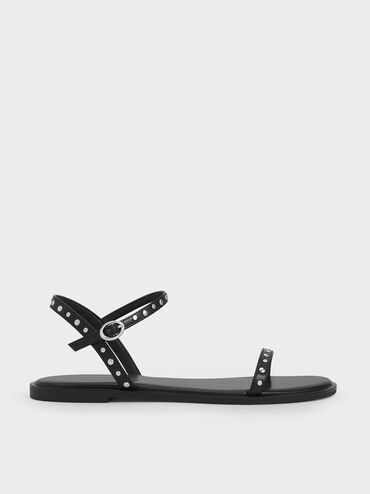 Studded Open-Toe Sandals, Black, hi-res