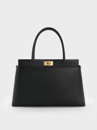 กระเป๋าสะพายข้างทรง Satchel ดีไซน์หูจับด้านบนรุ่น Lennie, สีดำ, hi-res