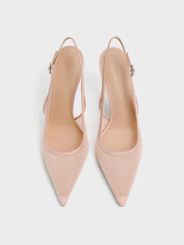 Glittered Mesh Pointed Slingback Pumps, Pink, hi-res