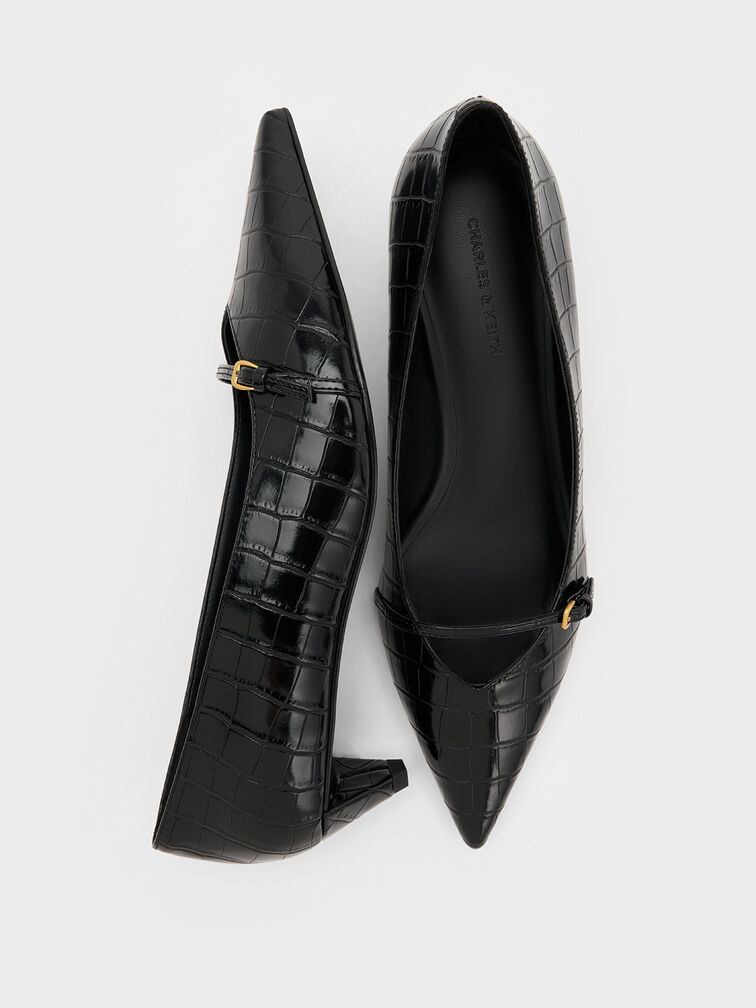 Croc-Effect Buckled Pointed-Toe Kitten-Heel Pumps, Animal Print Black, hi-res