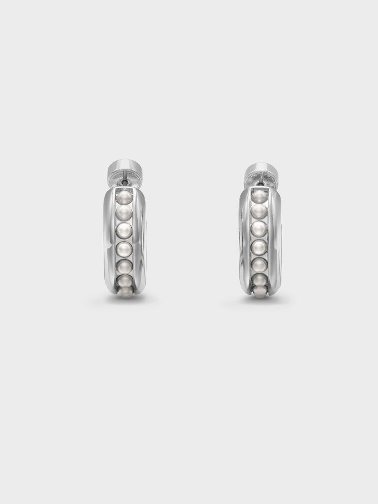 Pearl Open-Hoop Earrings, Silver, hi-res