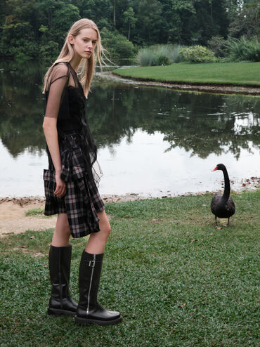 รองเท้าบูทสูงระดับเข่าดีไซน์ซิปด้านข้างตกแต่งหัวเข็มขัดรุ่น Lyndon, สีดำ, hi-res