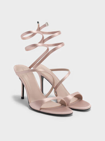 Emila Satin Wraparound Heeled Sandals, Light Pink, hi-res