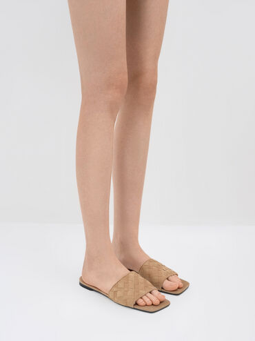 รองเท้าแตะแบบสวมวัสดุหนังกลับสังเคราะห์ดีไซน์สานรุ่น Ivette, สีแซนด์, hi-res
