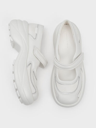 Mesh Curved Platform Mary Jane Sneakers, White, hi-res