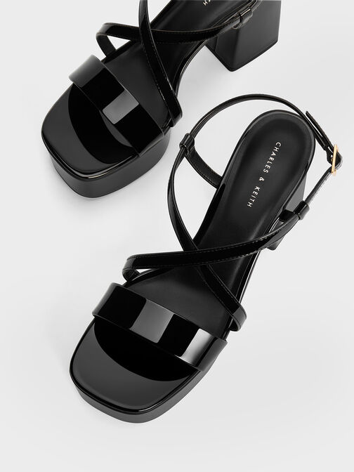 Patent Crossover Strap Platform Sandals, หนังแก้วสีดำ, hi-res