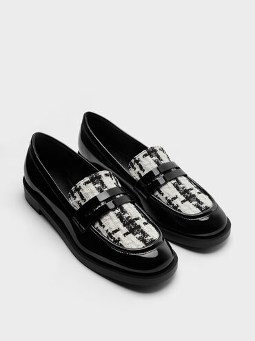 Patent Tweed Penny Loafers, หนังแก้วสีดำ, hi-res