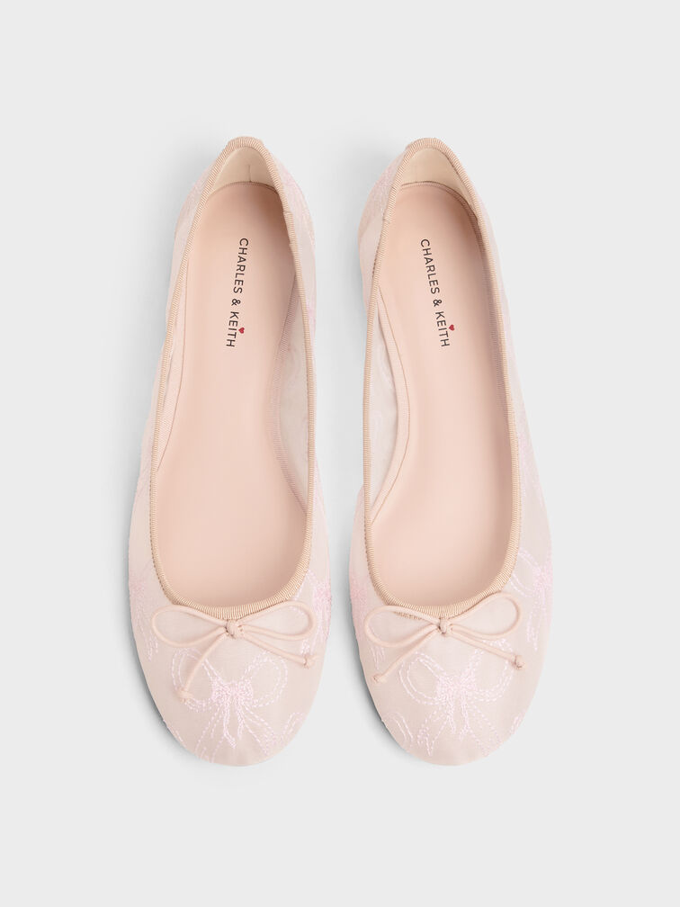 Embroidered-Mesh Bow Ballet Flats, Light Pink, hi-res