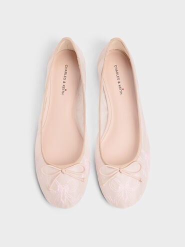 Embroidered-Mesh Bow Ballet Flats, Light Pink, hi-res