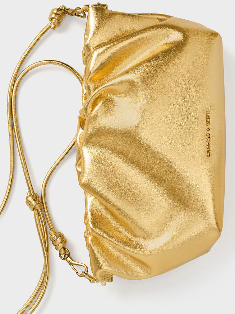 Brigette Metallic Ruched Chain-Handle Clutch, Gold, hi-res