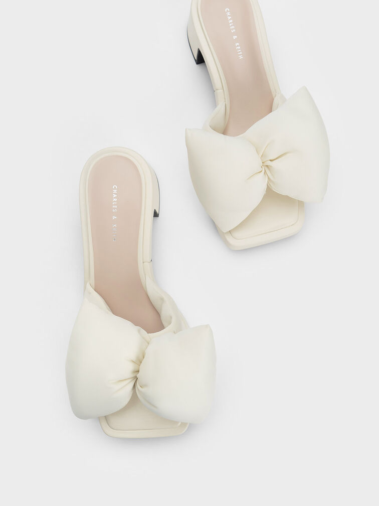 Puffy Bow Heeled Mules, สีครีม, hi-res