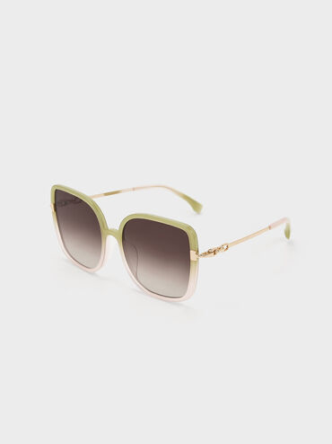 Oversized Square Chain-Link Sunglasses, สีเขียว, hi-res