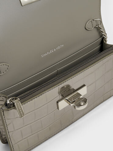 Samantha Metallic Croc-Effect Chain-Embellished Crossbody Bag, Pewter, hi-res