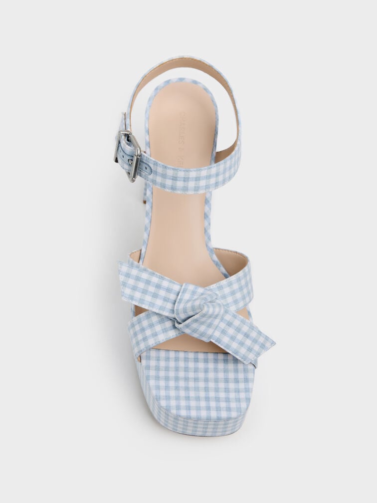 Anika Gingham Knot-Bow Platform Sandals, Light Blue, hi-res
