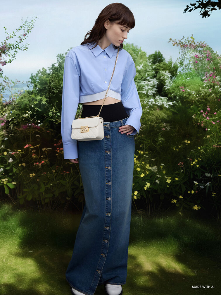 กระเป๋าถือสายโซ่ดีไซน์ลายควิลท์รุ่น Alva, สีครีม, hi-res