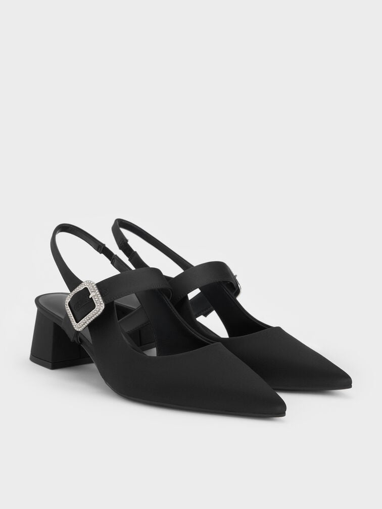 Satin Crystal-Buckle Block-Heel Slingback Pumps, Black Textured, hi-res