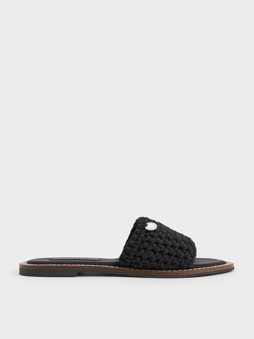 Woven Slide Sandals, Black Textured, hi-res