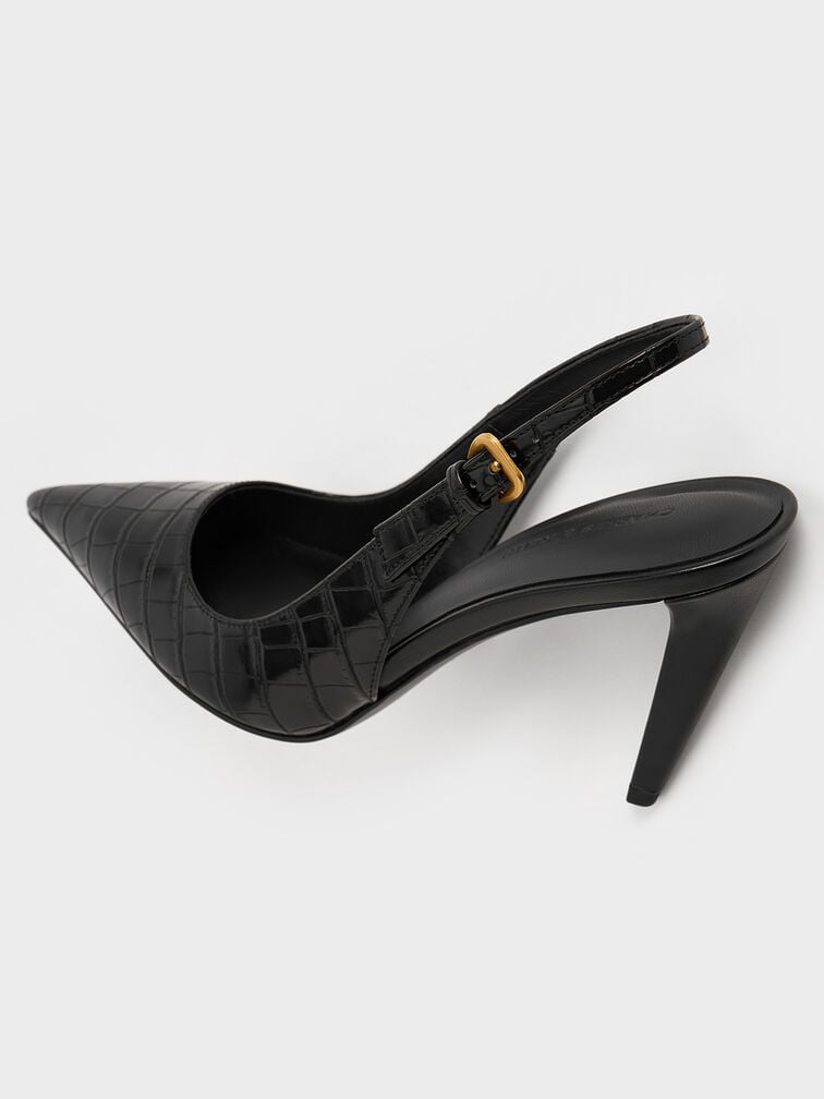 Croc-Effect Cone-Heel Pointed-Toe Pumps, Animal Print Black, hi-res